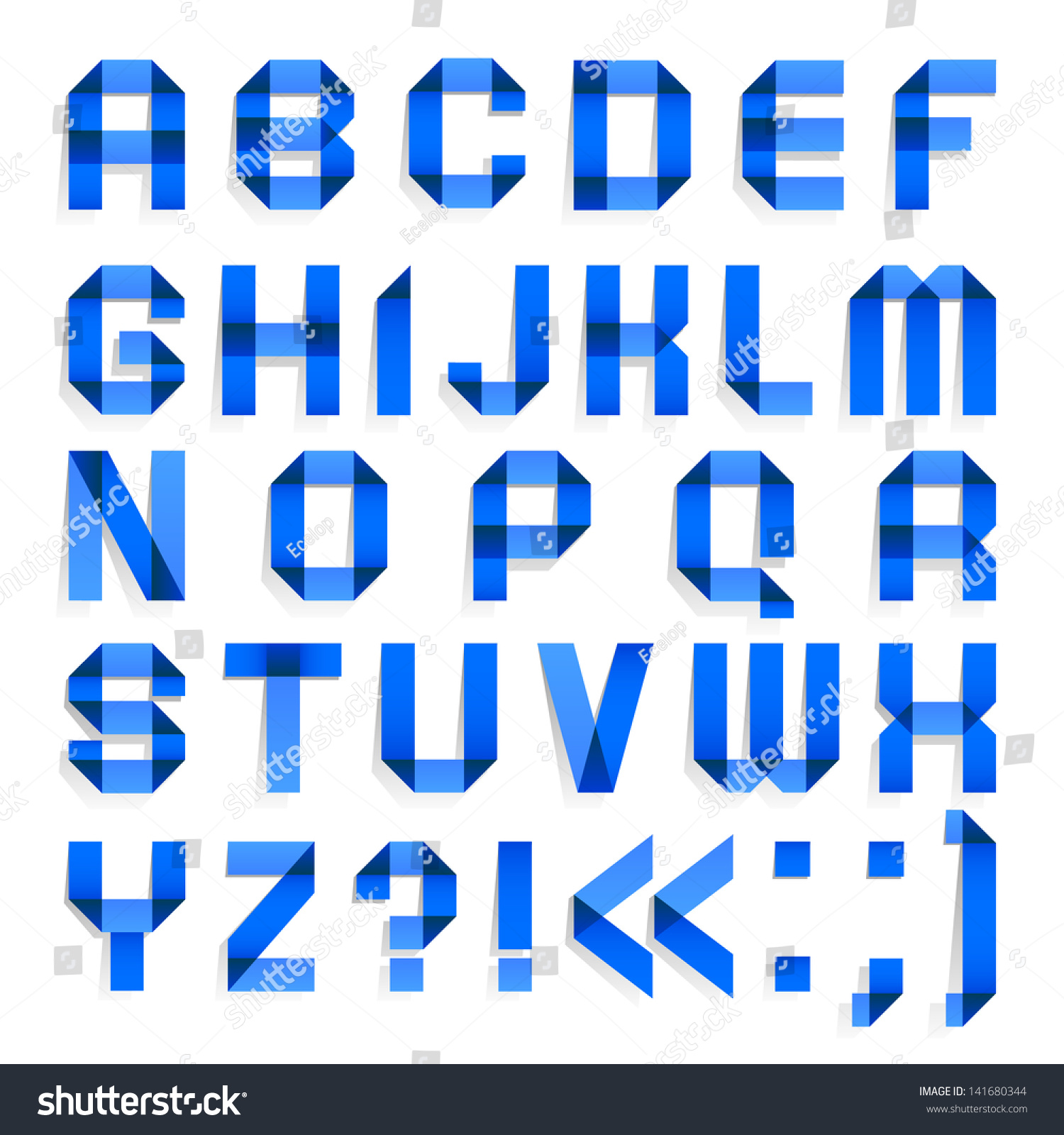 字母折叠的彩色纸,蓝色的字母。(A,B,C,D,E,F,