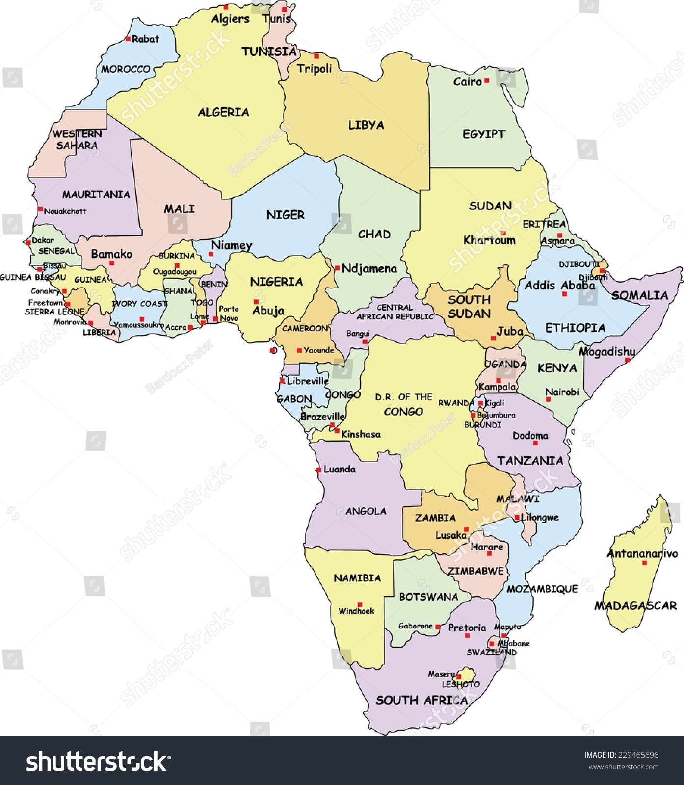 高度详细的非洲政治地图的国家和首都的名字。