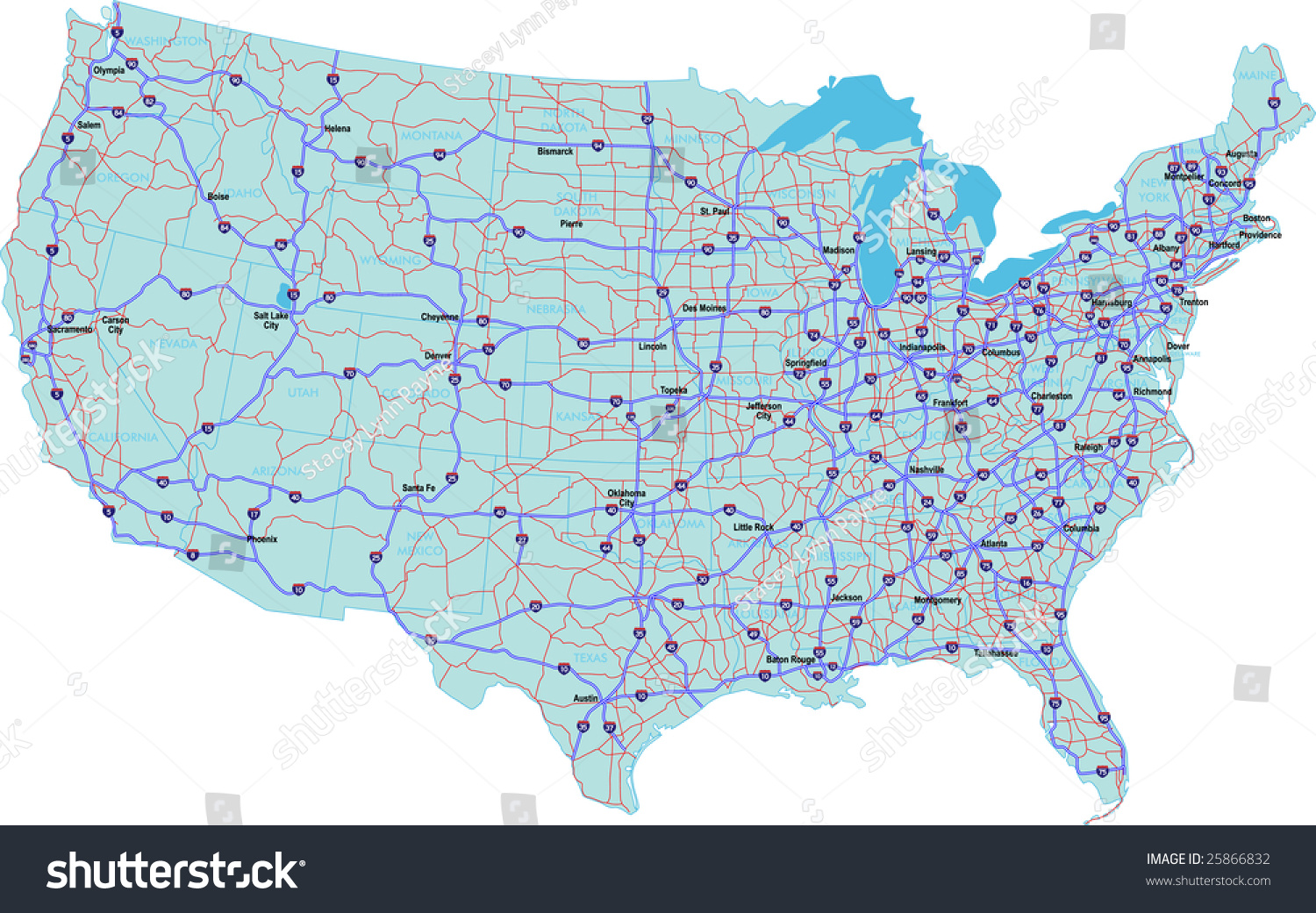 州际美国大陆的地图与国家和各州首府名称。光