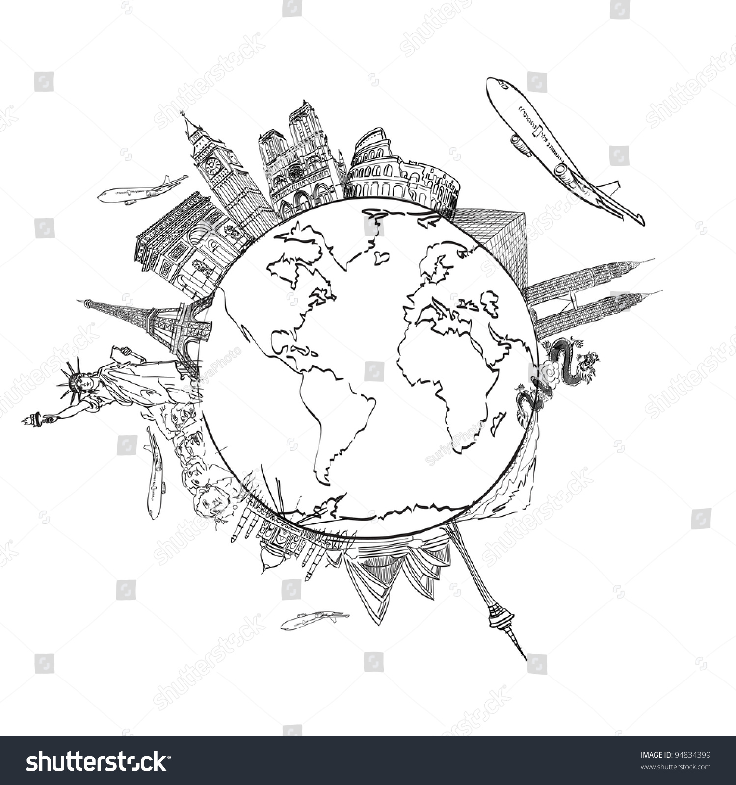 画在白板上梦想环游世界-建筑物/地标,符号/标志-海洛