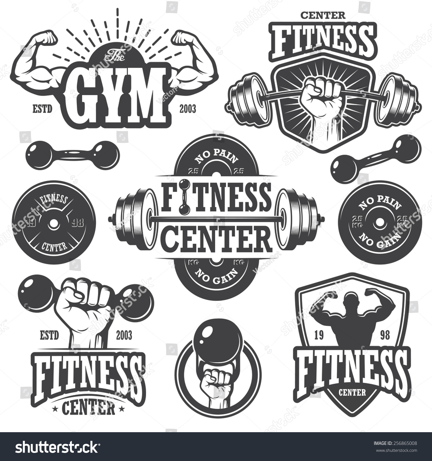 第二组单色健身象征,标签,徽章,商标和设计元素.