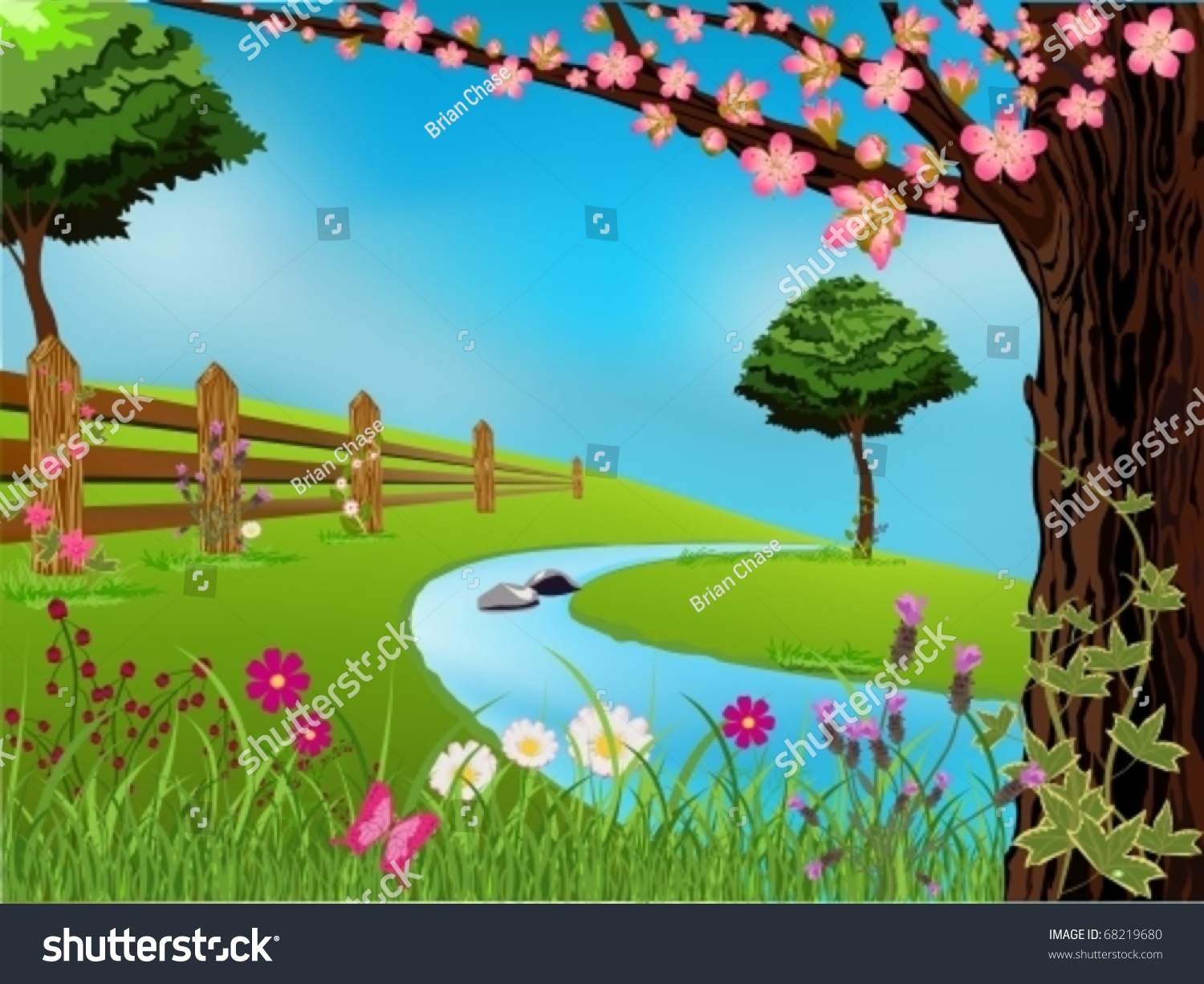 向量春天场景用鲜花,树木和美丽的天空-插图/剪贴图,自然-海洛创意